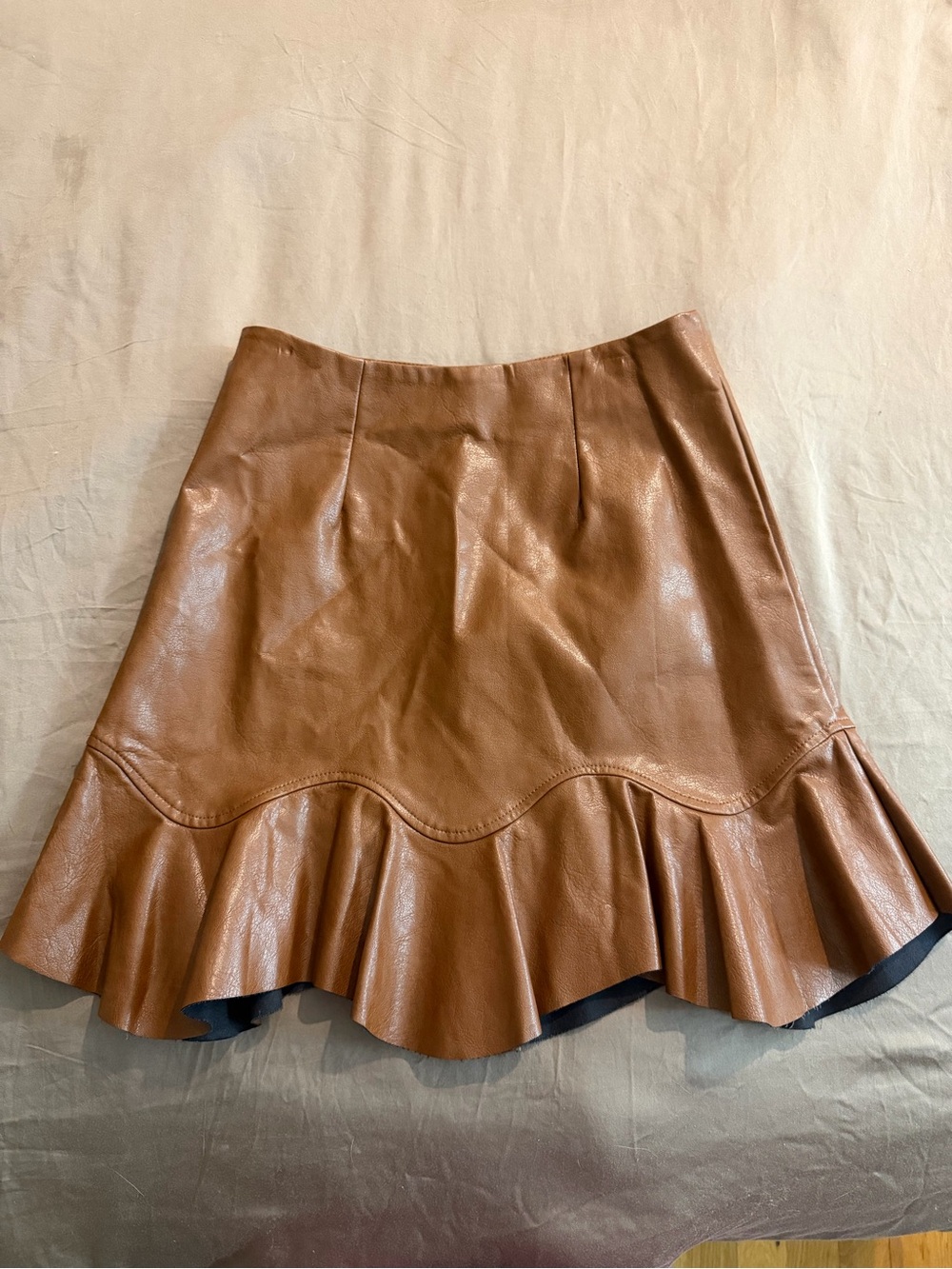 Women’s Brown Faux Leather Ruffle Hem Skirt